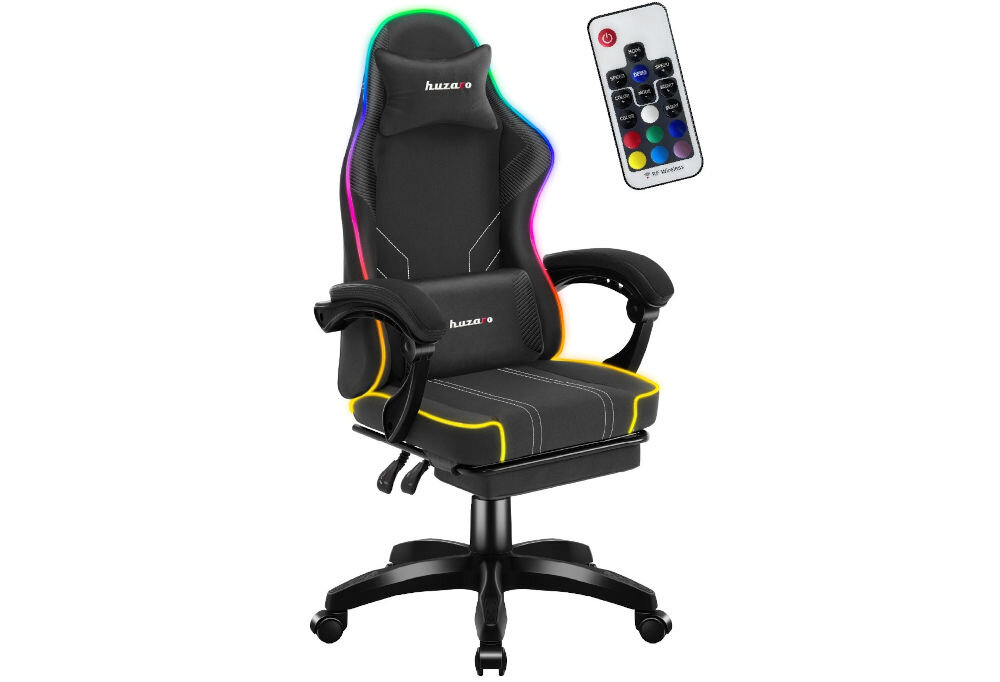 Fotel HUZARO Force 3.7 RGB Czarny prezentacja fotela na białym tle od przodu pod kątem wraz z pilotem oświetlenie RGB fotela Huzaro sterowane pilotem pełna paleta kolorów dynamiczne efekty personalizacja