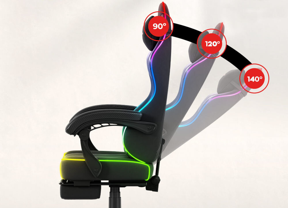 Fotel HUZARO Force 3.7 RGB Czarny prezentacja fotela od boku i jego funkcji SeatRest tło jasny delikatny gradient regulacja kąta nachylenia oparcia dostosowanie oparcia do własnych preferencji stabilność komfort