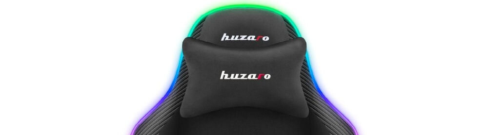Fotel HUZARO Force 3.7 RGB Czarny zbliżenie na ergonomiczną poduszkę pod kark wygodne podparcie szyi i głowy redukcja napięcia mięśni karku zachowanie właściwej pozycji ciała