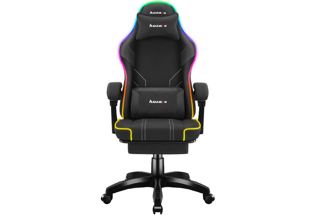 Fotel HUZARO Force 3.7 RGB Czarny prezentacja fotela na białym tle od przodu oddychający materiał odporny na ścieranie miękkie wypełnienie oparcia i siedziska dostosowuje się do sylwetki użytkownika komfort