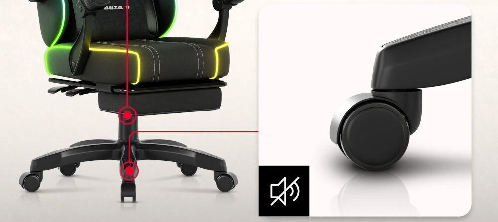 Fotel HUZARO Force 3.7 RGB Czarny zbliżenie na podwójne koła przekreślona ikona głośnika tło jasny delikatny gradient średnica 50 mm kauczuk i poliuretan płynność cisza nie zostawiają śladów ani zarysowań panele płytki
