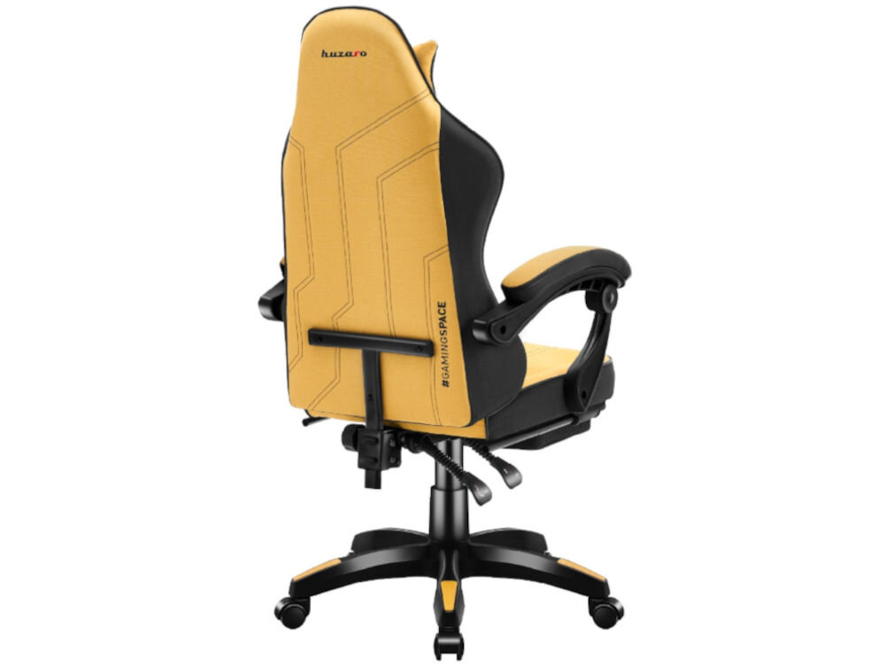 Fotel HUZARO Force 3.7 Żółto-czarny prezentacja fotela na białym tle od tyłu wyróżnij się żywa żółć głęboka czerń energiczny sportowy wygląd inspirowany kokpitami samochodów wyścigowych przyciąga wzrok