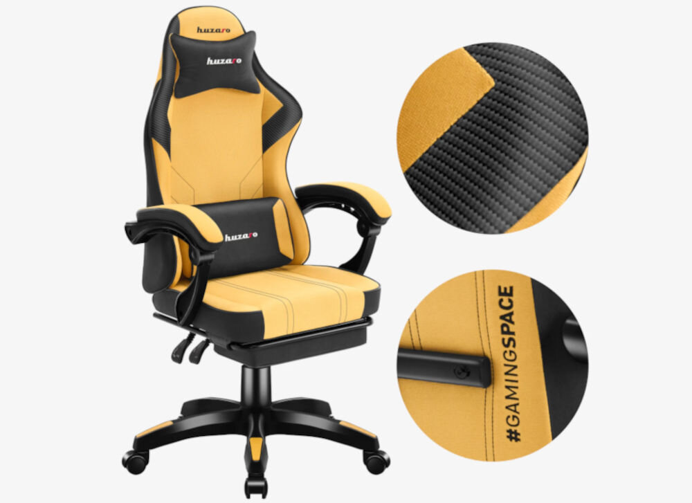 Fotel HUZARO Force 3.7 Żółto-czarny prezentacja fotela zbliżenia na sportowe akcenty funikcjonalność subtelność detale samochody wyścigowe
