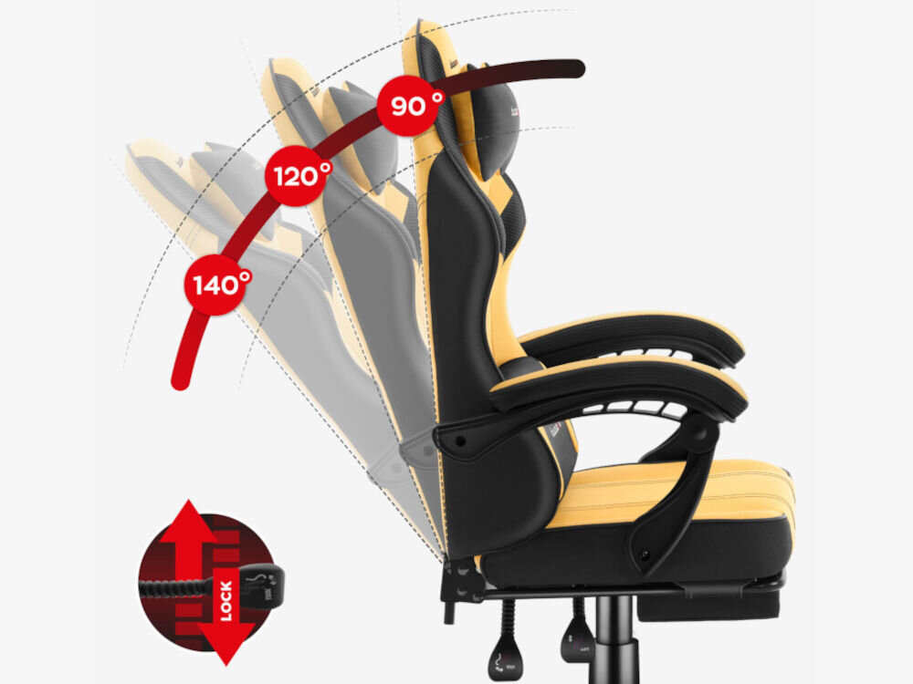 Fotel HUZARO Force 3.7 Żółto-czarny prezentacja fotela na szarym tle od boku i jego funkcji SeatRest regulacja kąta nachylenia oparcia dostosowanie oparcia do własnych preferencji stabilność komfort