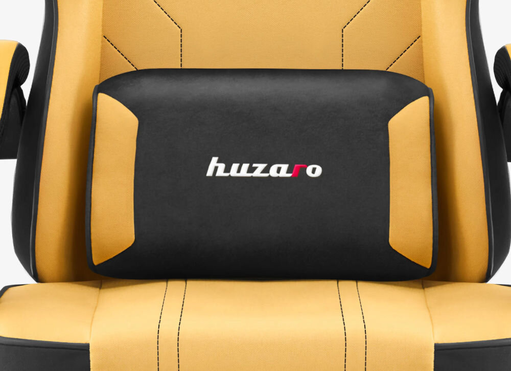 Fotel HUZARO Force 3.7 Żółto-czarny zbliżenie na poduszkę lędźwiową fotela ergonomia wspiera naturalne krzywizny kręgosłupa redukcja napięcia mięśni pomaga utrzymać prawidłową postawę