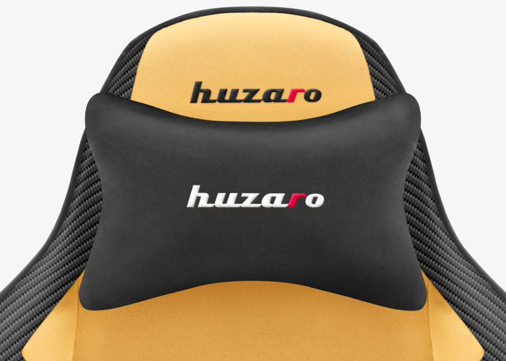 Fotel HUZARO Force 3.7 Żółto-czarny zbliżenie na ergonomiczną poduszkę zagłówkową wygodne podparcie szyi i głowy redukcja napięcia mięśni karku zachowanie właściwej pozycji ciała