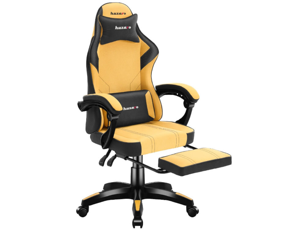 Fotel HUZARO Force 3.7 Żółto-czarny prezentacja fotela na białym tle od przodu pod kątem z wysuniętym podnóżkiem rozkładany podnóżek komfortowe wyciągnięcie nóg odprężenie funkcjonalny dodatek solidność