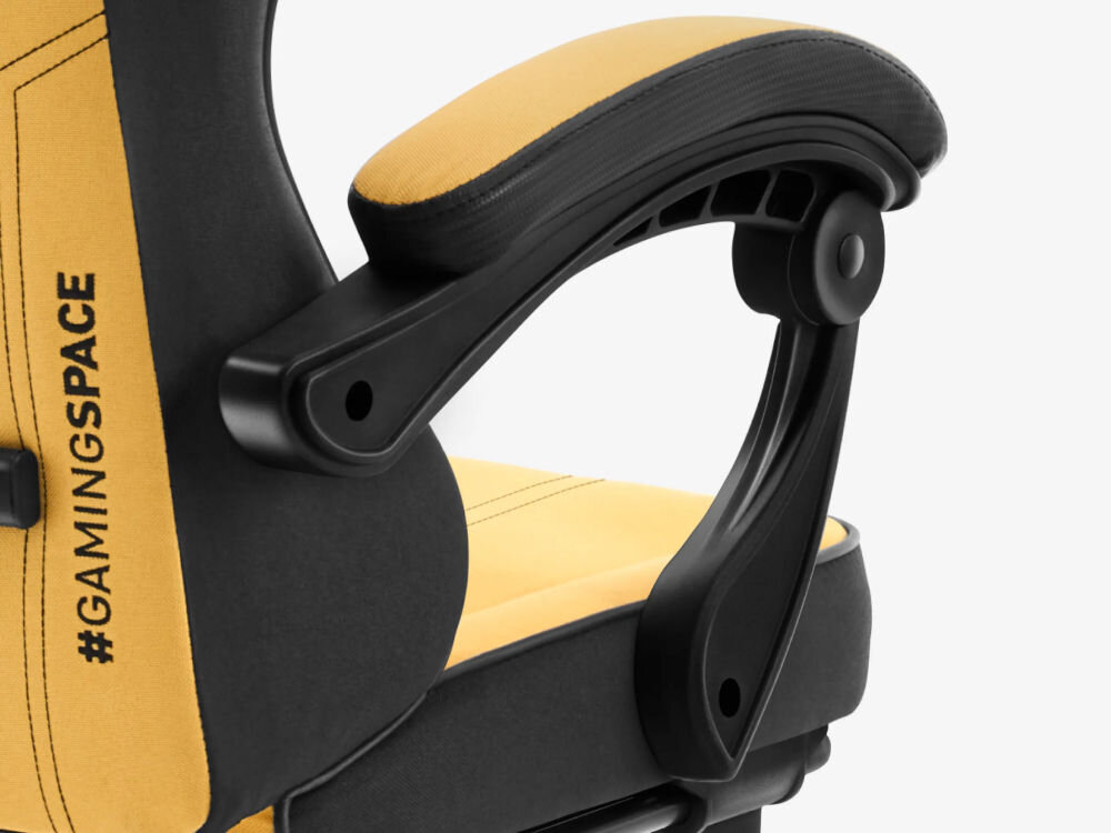 Fotel HUZARO Force 3.7 Żółto-czarny zbliżenie na podłokietnik miękkość trwały materiał delikatna pianka komfort stabilne podparcie dla przedramion