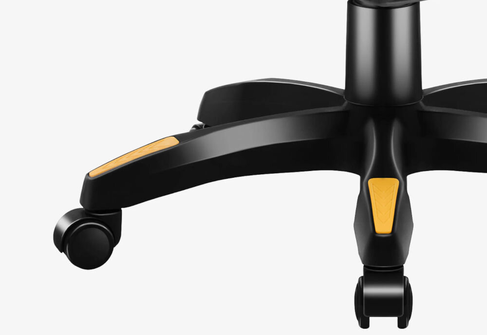 Fotel HUZARO Force 3.7 Żółto-czarny zbliżenie na podwójne koła średnica 50 mm kauczuk i poliuretan płynność cisza nie zostawiają śladów ani zarysowań panele płytki