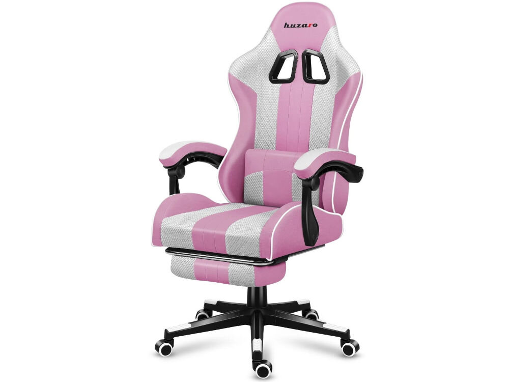 Fotel HUZARO Force 4.7 Różowo-biały prezentacja fotela na białym tle od przodu styl funkcjonalność gracz streamer biuro dobrze prezentuje się w kamerze podkreślenie stylu gracza influencer etetyka wygoda