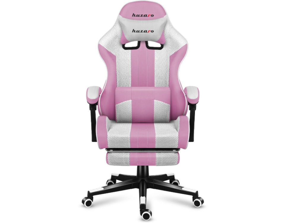Fotel HUZARO Force 4.7 Różowo-biały prezentacja fotela od przodu na białym tle wygoda solidna konstrukcja obciążenie do 140 kg regulowana wysokość 113-123 cm siedzisko 37 cm szerokości 50 cm głębokości wysokość 40-50 cm oparcie 81 x 55 cm komfortowe wsparcie pleców dla osób o wzroście 135-190 cm