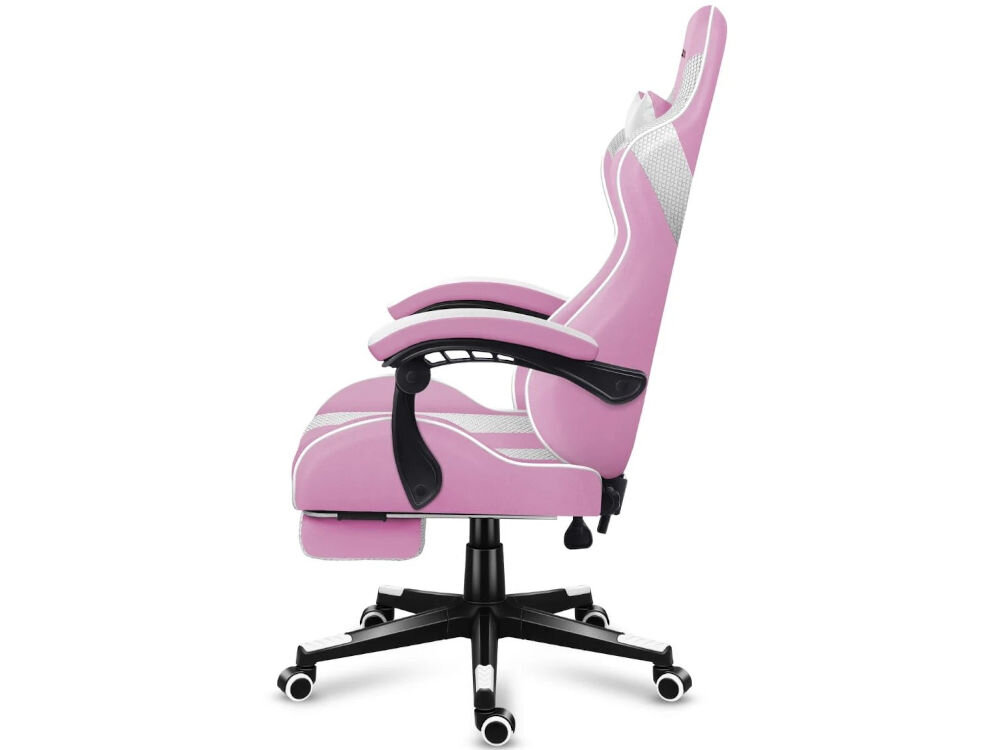 Fotel HUZARO Force 4.7 Różowo-biały prezentacja fotela od boku na białym tle zaprojektowany z myślą o zdrowiu użytkownika i codziennym komforcie wyprofilowane oparcie utrzymanie naturalnej krzywizny kręgosłupa odciążenie dolnych partii pleców sprzyja zachowaniu ergonomii