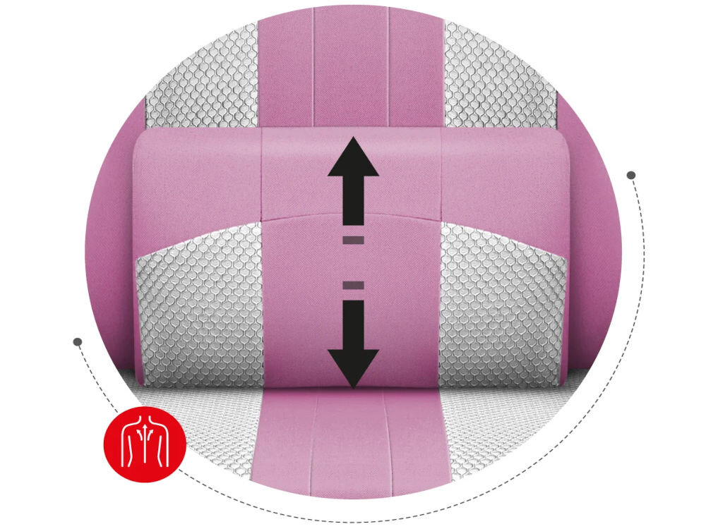 Fotel HUZARO Force 4.7 Różowo-biały zbliżenie na regulowaną poduszkę lędźwiową fotela pokazanie strzałkami kierunków regulacji góra-dół ergonomia wspiera naturalne krzywizny kręgosłupa redukcja napięcia mięśni pomaga utrzymać prawidłową postawę