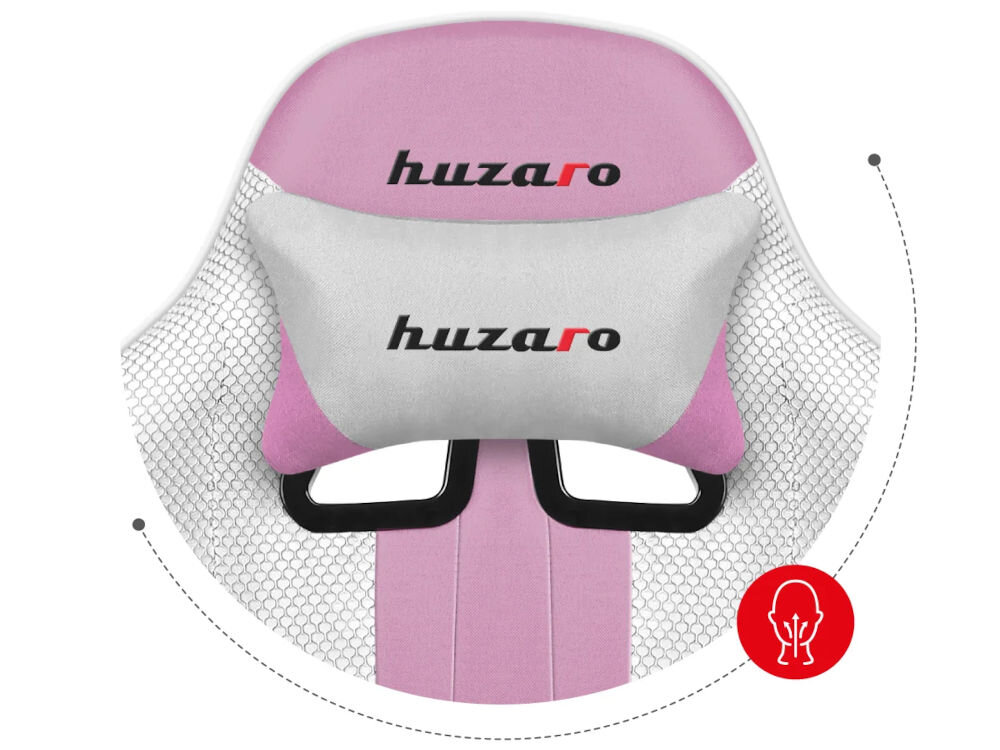 Fotel HUZARO Force 4.7 Różowo-biały zbliżenie na ergonomiczną poduszkę mięśni karku wygodne podparcie szyi i głowy redukcja napięcia mięśni karku zachowanie właściwej pozycji ciała