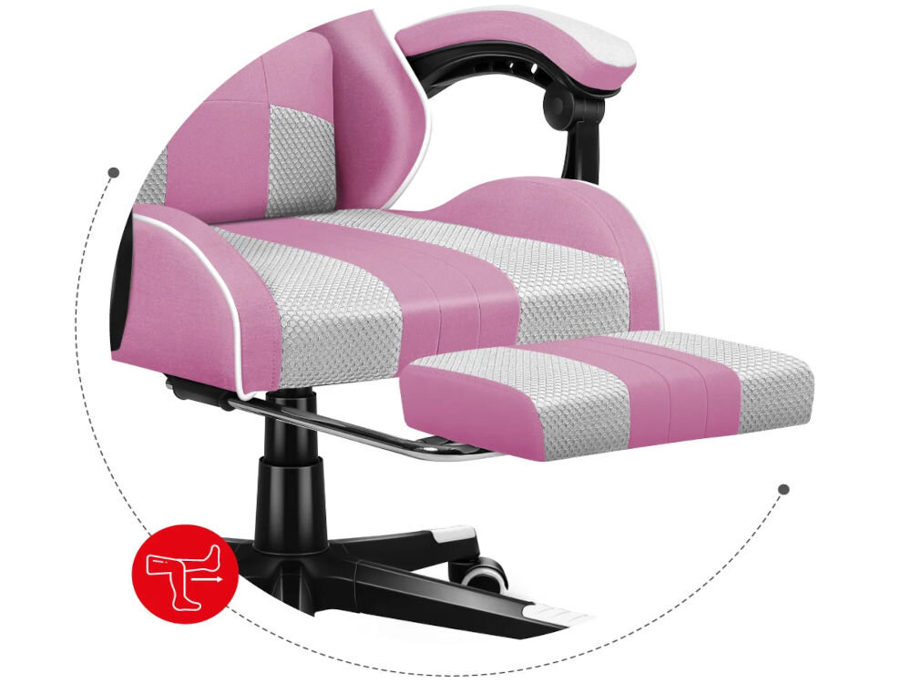 Fotel HUZARO Force 4.7 Różowo-biały zbliżenie na rozkładany podnóżek swobodne wyprostowanie nóg współgra z możliwością odchylenia oparcia komfortowa strefa wypoczynku