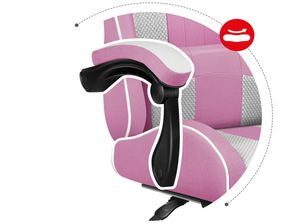 Fotel HUZARO Force 4.7 Różowo-biały zbliżenie na podłokietnik miękka tkanina XTwill nie ślizga się pod dłońmi redukuje obciążenie ramion i barków ergonomiczny kształt wygoda