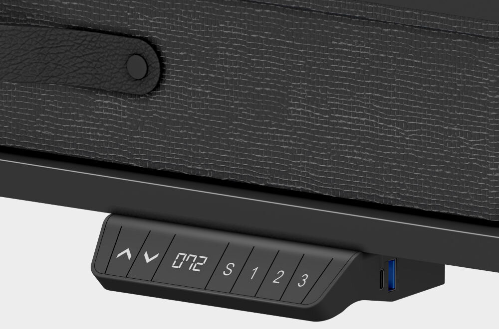 Biurko MARK ADLER Leader 8.0 Czarny zbliżenie na porty i panel sterowania na jasnym tle wbudowane porty USB-A USB-C wygodne ładowanie urządzeń uporządkowane miejsce pracy