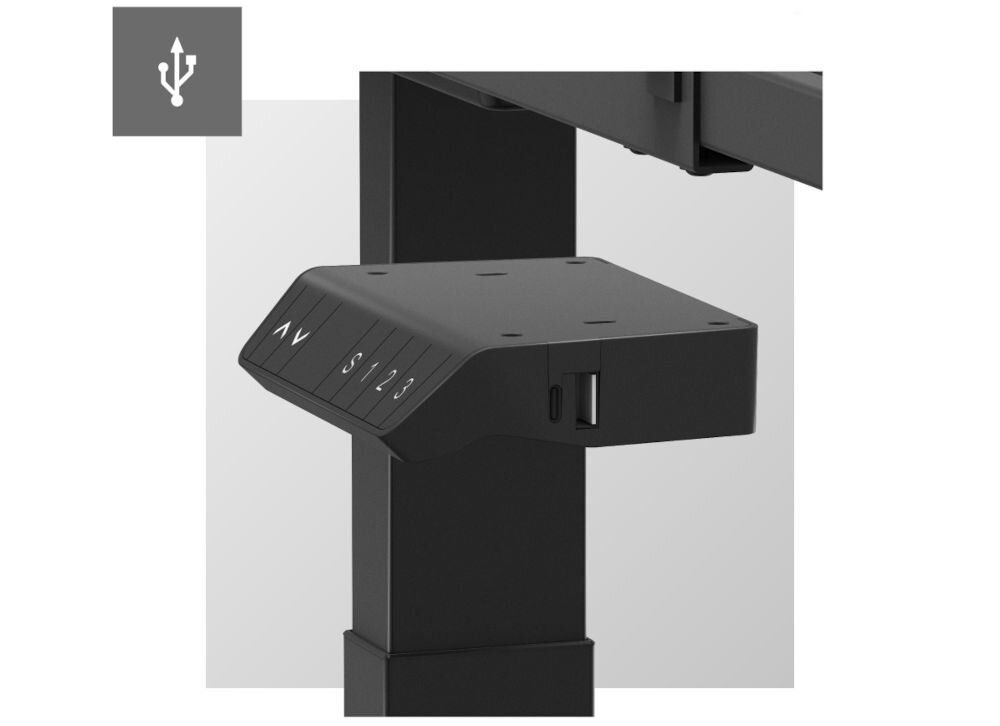 Stelaż biurka MARK ADLER Xeno 6.0 Czarny zbliżenie na porty USB-A USB-C na szaro-białym tle wbudowane porty ładowanie urządzeń komfort usprawnienie codziennego użytkowania