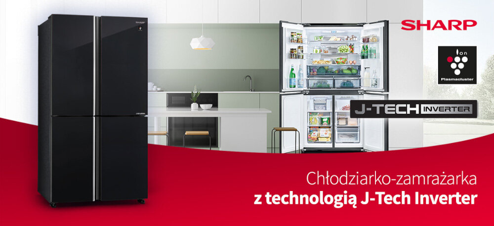 LODÓWKA SHARP SJ-GP780D-BK 4D ION PLASMACLUSTER zdjęcie lifestyle baner logo front kuchnia w tle infografika Kompresor J-Tech Inverter Technologia Plasmacluster Technologia chłodzenia Hybrid Cooling Prosty i czytelny panel sterowania Przestronne wnętrze Optymalne warunki przechowywania warzyw i owoców i dobra organizacja miejsca Szuflada Extra Cool Plus – tryb głębokiego chłodzenia Szuflada Fresh Room – chłodzenie Komora zamrażarki – ekspresowe zamrażanie Komora zamrażarki – błyskawiczne chłodzenie