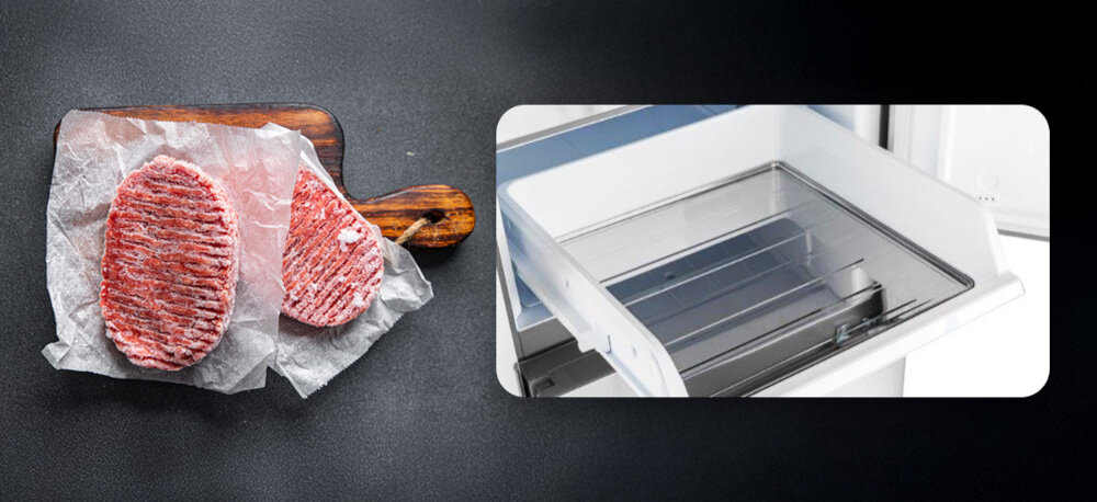 LODÓWKA SHARP SJ-GP780D-BK 4D ION PLASMACLUSTER zdjęcie lifestyle deska mięso czerwone mrożone steki wysuwana szuflada ekspresowe zamrażanie szybkie krótki czas mrożenia wysuwana półka tacka wysoka jakość utrzymanie wartości odżywczych