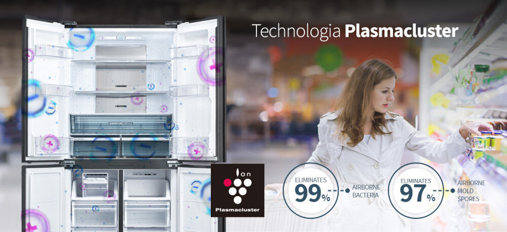LODÓWKA SHARP SJ-GP780D-BK 4D ION PLASMACLUSTER zdjęcie lifestyle lodówka front otwarta kobieta na zakupach ikony grafiki wizualizacja bakterie Technologia Plasmacluster usuwanie bakterii pleśni generator jonów PLASMACLUSTER 