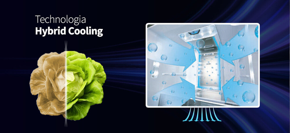 LODÓWKA SHARP SJ-GP780D-BK 4D ION PLASMACLUSTER zdjęcie lifestyle sałata podzielona na pół porównanie Technologia chłodzenia Hybrid Cooling równomierne chłodzenie hybrydowy system chłodzenia Full No Frost chłodzenie statyczne