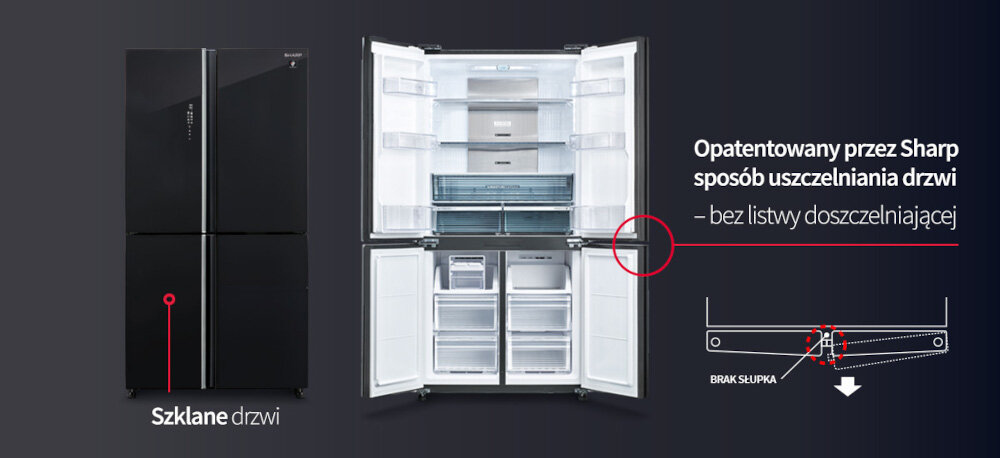 LODÓWKA SHARP SJ-GP780D-BK 4D ION PLASMACLUSTER zdjęcie lifestyle zbliżenie drzwi front infografika Specjalna konstrukcja drzwi czarne szklane drzwi otwieranie szczelność balkoniki większa pojemność