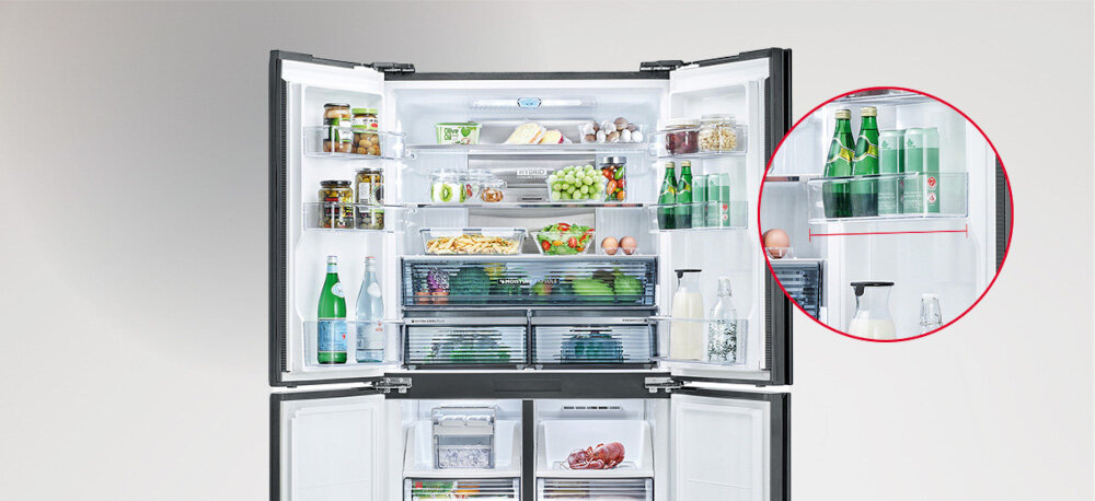 LODÓWKA SHARP SJ-GP780D-BK 4D ION PLASMACLUSTER zdjęcie lifestyle otwarta front chłodziarka zbliżenie pełna Przestronne wnętrze przestronne niepodzielone wnętrze szerokie półki balkoniki