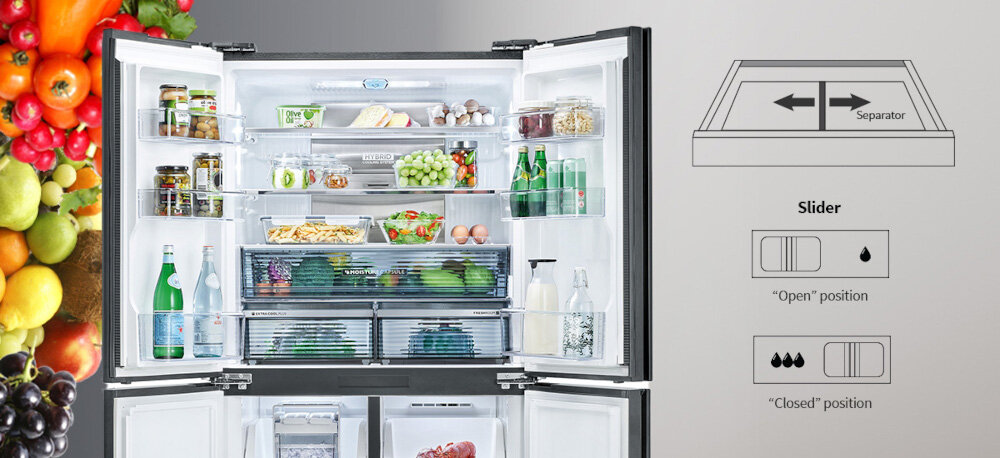 LODÓWKA SHARP SJ-GP780D-BK 4D ION PLASMACLUSTER zdjęcie lifestyle lodówka chłodziarka otwarta pełna poziomu wilgotności suwaki sterowanie regulacja infografika Pojemna odizolowana szuflada warzywa owoce regulacja wilgotności warzywa owoce podział przestrzeni konfiguracja