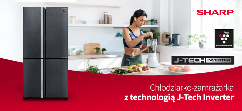 LODÓWKA SHARP SJ-MP780D-SL 4D ION PLASMACLUSTER zdjęcie lifestyle baner logo front kuchnia w tle infografika Kompresor J-Tech Inverter Technologia Plasmacluster Technologia chłodzenia Hybrid Cooling Prosty i czytelny panel sterowania Przestronne wnętrze Optymalne warunki przechowywania warzyw i owoców i dobra organizacja miejsca Szuflada Extra Cool Plus – tryb głębokiego chłodzenia Szuflada Fresh Room – chłodzenie Komora zamrażarki – ekspresowe zamrażanie Komora zamrażarki – błyskawiczne chłodzenie