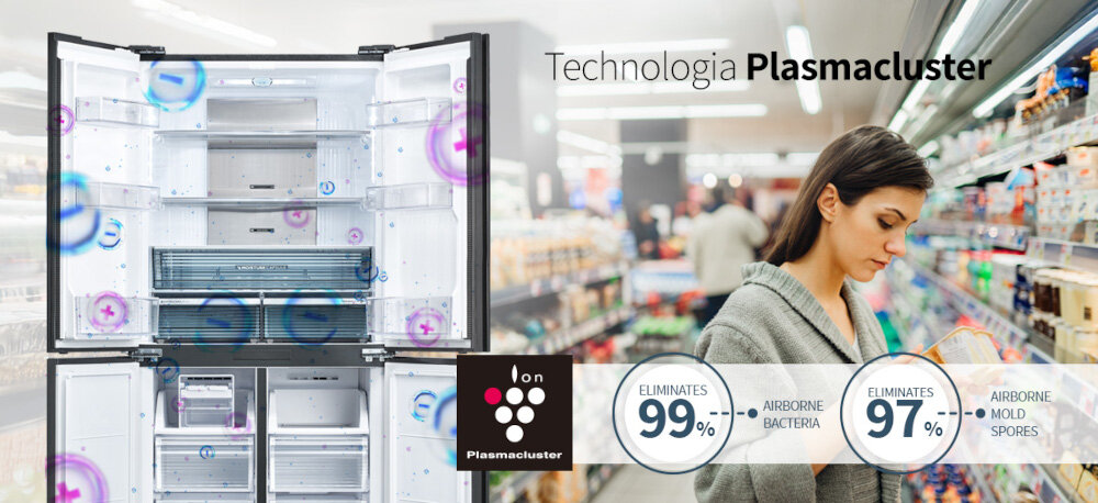 LODÓWKA SHARP SJ-MP780D-SL 4D ION PLASMACLUSTER zdjęcie lifestyle lodówka front otwarta kobieta na zakupach ikony grafiki wizualizacja bakterie Technologia Plasmacluster usuwanie bakterii pleśni generator jonów PLASMACLUSTER