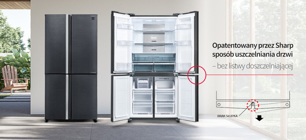 LODÓWKA SHARP SJ-MP780D-SL 4D ION PLASMACLUSTER zdjęcie lifestyle zbliżenie drzwi front infografika Specjalna konstrukcja drzwi czarne szklane drzwi otwieranie szczelność balkoniki większa pojemność