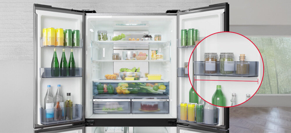 LODÓWKA SHARP SJ-MP780D-SL 4D ION PLASMACLUSTER zdjęcie lifestyle otwarta front chłodziarka zbliżenie pełna Przestronne wnętrze przestronne niepodzielone wnętrze szerokie półki balkoniki