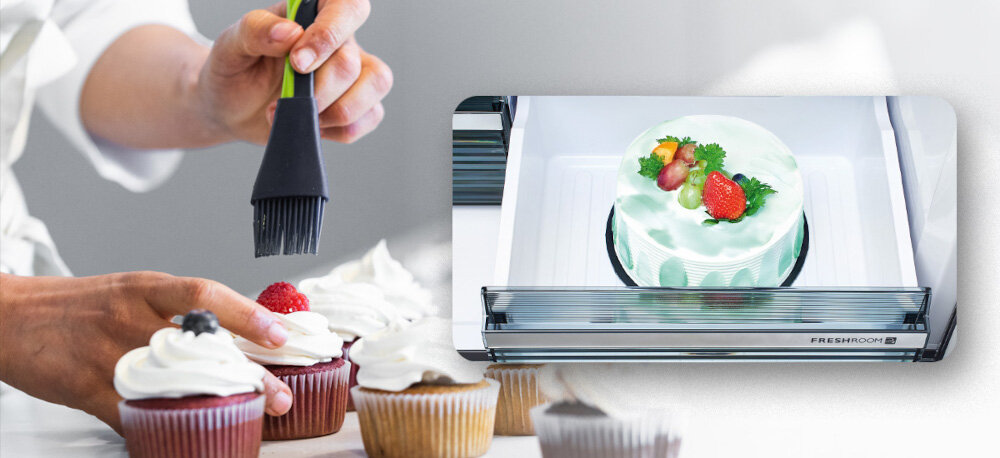 LODÓWKA SHARP SJ-MP780D-BS 4D ION PLASMACLUSTER zdjęcie lifestyle babeczki pędzelek dłoń szuflada zbliżenie tryb chłodzenia komora Fresh Room dobre chłodzenie napoje desery