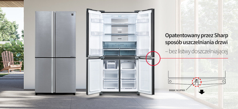 LODÓWKA SHARP SJ-MP780D-BS 4D ION PLASMACLUSTER zdjęcie lifestyle zbliżenie drzwi front infografika Specjalna konstrukcja drzwi czarne szklane drzwi otwieranie szczelność balkoniki większa pojemność