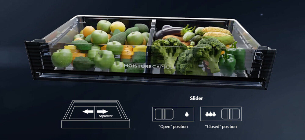 LODÓWKA SHARP SJ-MP780D-BS 4D ION PLASMACLUSTER zdjęcie lifestyle lodówka chłodziarka otwarta pełna poziomu wilgotności suwaki sterowanie regulacja infografika Pojemna odizolowana szuflada warzywa owoce regulacja wilgotności warzywa owoce podział przestrzeni konfiguracja