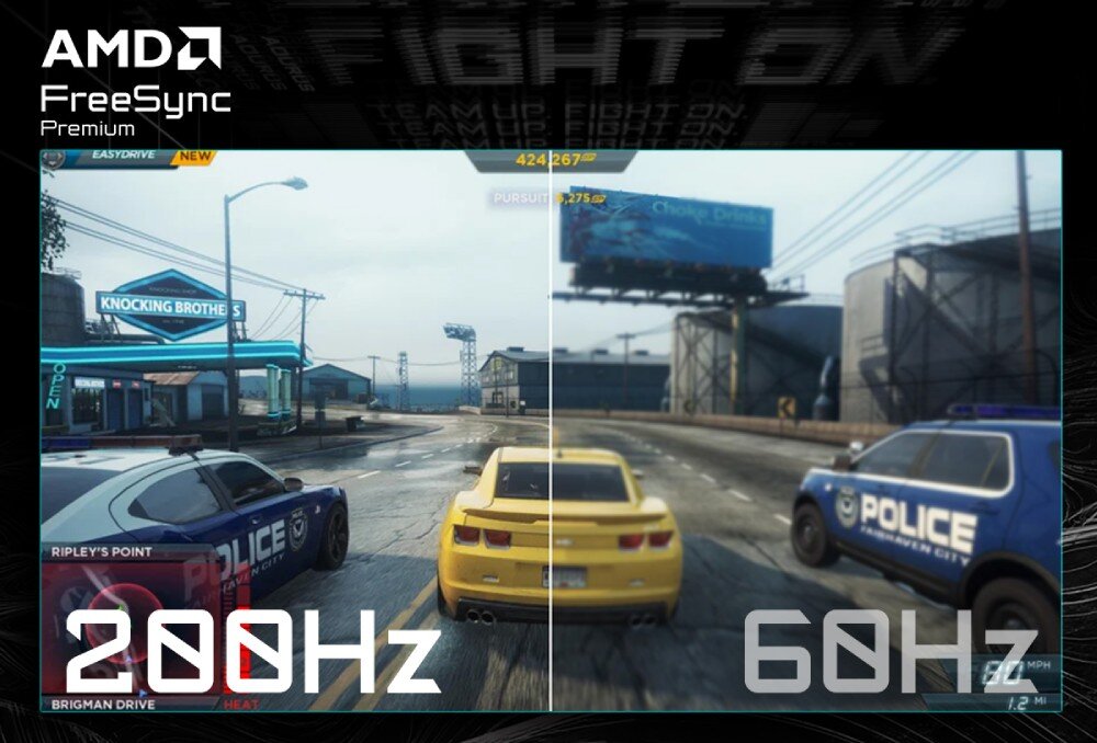 Monitor GIGABYTE GS25F2 Podzielony ekran gry wyścigowej porównujący ostrość obrazu przy odświeżaniu 200Hz po lewej stronie z rozmytym obrazem 60Hz po prawej, odświeżanie, czas reakcji, Smart OD