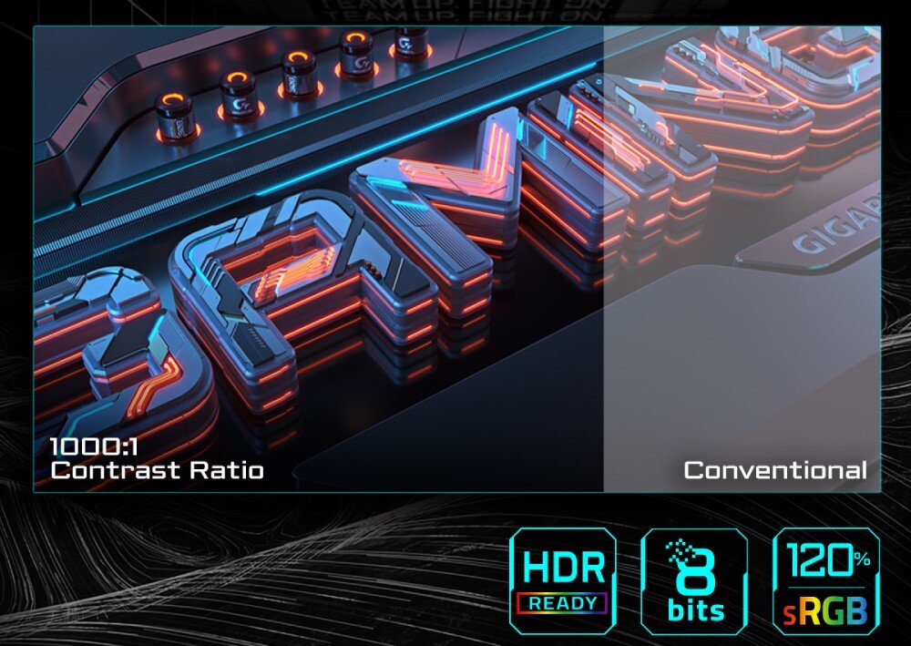 Monitor GIGABYTE GS25F2 Grafika z neonowymi literami ilustrująca wysoki kontrast 1000:1 oraz nasycenie barw, z oznaczeniami HDR Ready i 120% sRGB, kolory, odwzorowanie barw, kontrast