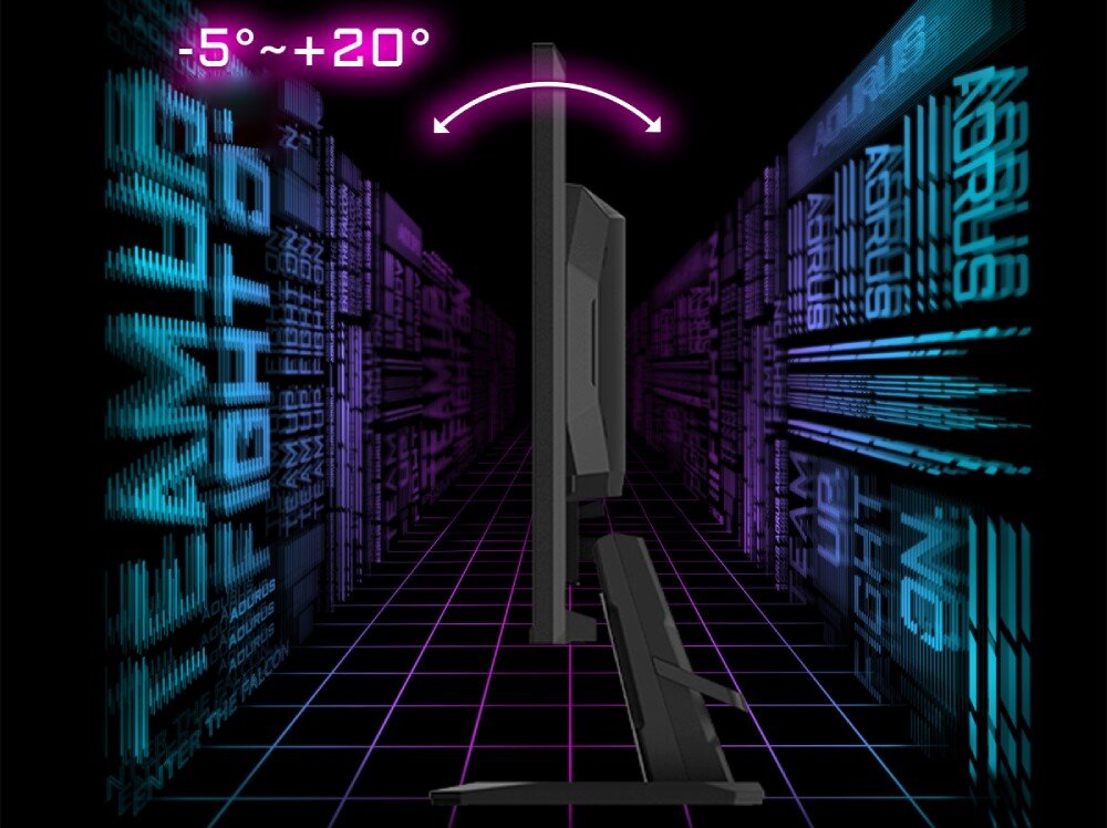 Monitor GIGABYTE GS25F2 Grafika przedstawiająca widok z profilu monitora i demonstrująca zakres regulacji nachylenia ekranu od -5 do +20 stopni, aplikacja, regulacja nachylenia, mocowanie VESA