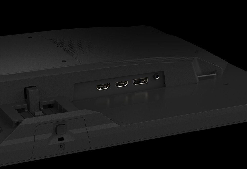 Monitor GIGABYTE GS25F2 Zbliżenie na dolną część tyłu obudowy monitora ukazujące porty połączeniowe, w tym dwa gniazda HDMI, jedno DisplayPort i wyjście audio, głośniki, porty