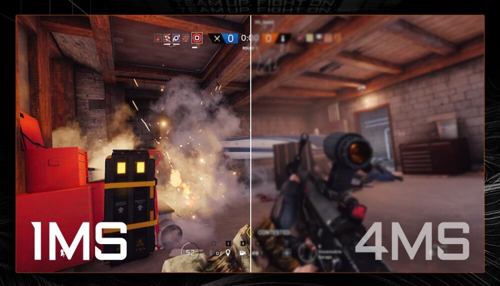 Monitor GIGABYTE M27UA Podział ekranu prezentujący różnicę w ostrości obrazu w grze typu FPS, gdzie lewa strona podpisana '1MS' jest wyraźna i ostra, a prawa strona '4MS' wykazuje widoczne rozmycie ruchu, czas reakcji, synchronizacja