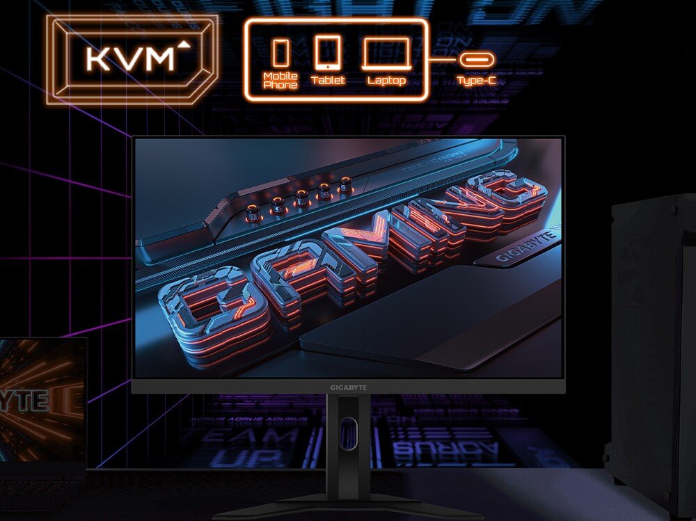 Monitor GIGABYTE M27UA Grafika objaśniająca funkcję KVM z ikonami smartfona, tabletu i laptopa podłączonych przez USB-C, na tle monitora wyświetlającego trójwymiarowy napis 'GAMING', przełącznik KVM, hub USB