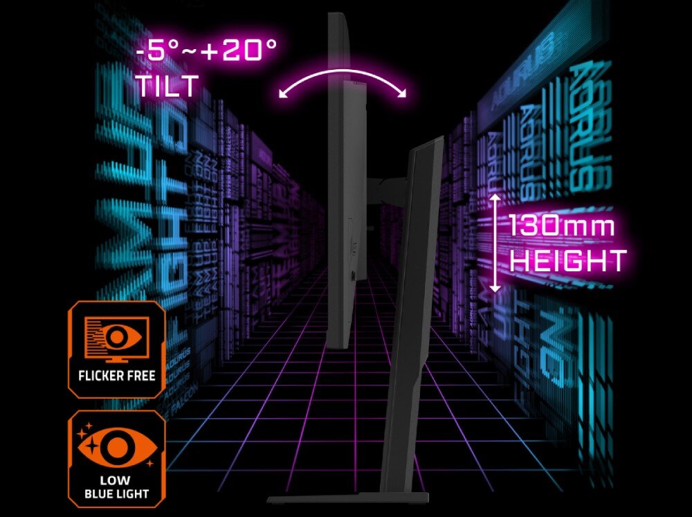 Monitor GIGABYTE M27UA Widok monitora z profilu z wizualizacją zakresu regulacji ergonomicznej, w tym pochylenia ekranu od -5 do +20 stopni oraz zmiany wysokości o 130 mm, wraz z ikonami technologii ochrony wzroku, podstawa, regulacja, ochrona wzroku, mocowanie VESA