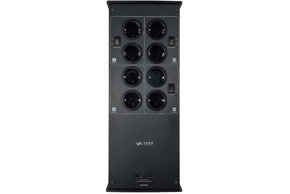 Kondycjoner sieciowy TAGA HARMONY PC-8000DC toroidalny transformator izolacja stabilność, Kondycjoner sieciowy od góry na białym tle
