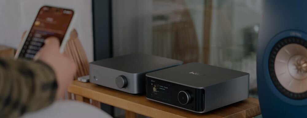 Wzmacniacz zintegrowany WIIM Vibelink oszczędność energii 12V Trigger In, wzmacniacz stojący na stoliku w pomieszczeniu