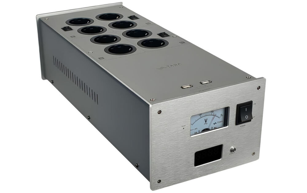 Kondycjoner sieciowy TAGA HARMONY PC-8000DC zasilacz liniowy USB stabilność dźwięku, Kondycjoner sieciowy po skosie na białym tle