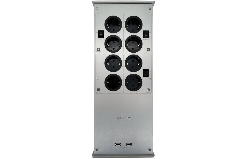 Kondycjoner sieciowy TAGA HARMONY PC-8000DC toroidalny transformator izolacja stabilność, Kondycjoner sieciowy od góry na białym tle
