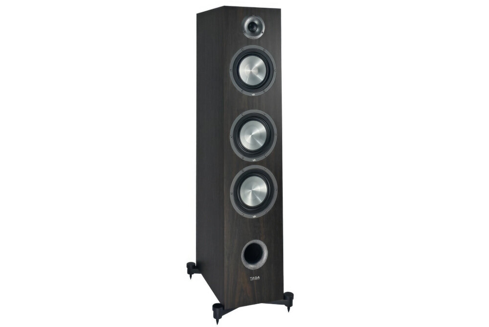 Kolumna głośnikowa TAGA HARMONY Platinium F-100 V.4 - Odtwarzanie bez strat jakości, impedancja 4 Ω, kolumna głośnikowa po skosie na białym tle
