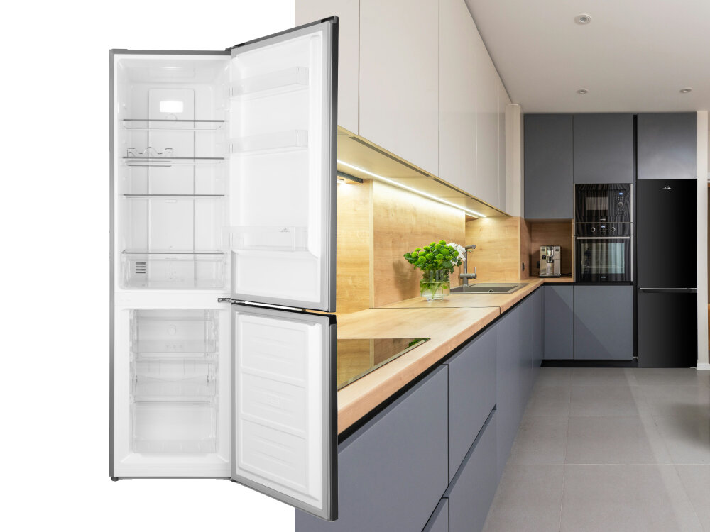 Lodówka ETA ETA275090020E wizualizacja kuchnia lodówka kolor czarny front otwarta wnętrze półki szuflady