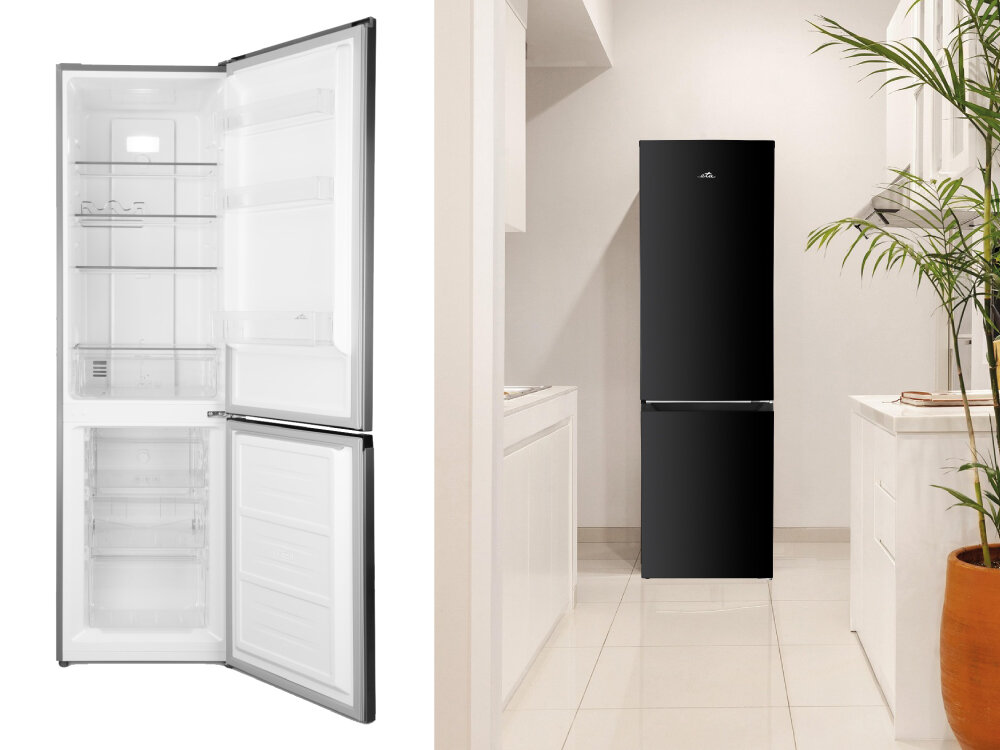 Lodówka ETA ETA275090020E otwarta zamknięta kolor czarny kuchnia jasne wnętrze zmiana kierunku otwierania drzwi dopasowanie do kuchni regulowane nóżki stabilne ustawienie nierówne podłoże wymienne uszczelki drzwiowe długotrwała efektywność chłodzenia